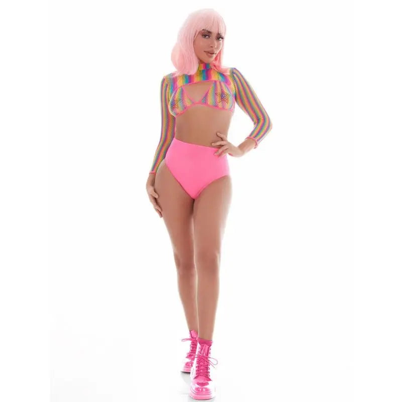 Rainbow Shrug Bikini Top Hot Pants Net Set incl Pasties Pink Lipstick Discreet Intimate Essentials.