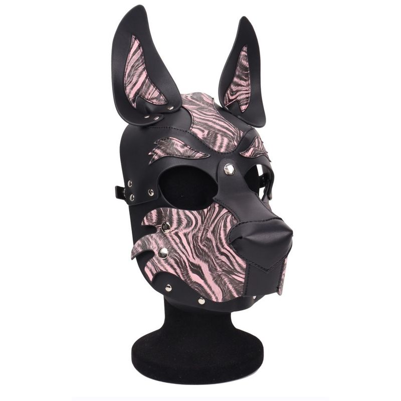 Dog pup hood pink with adjustable fit, featuring padded design and eye cut-outs for comfortable wear.