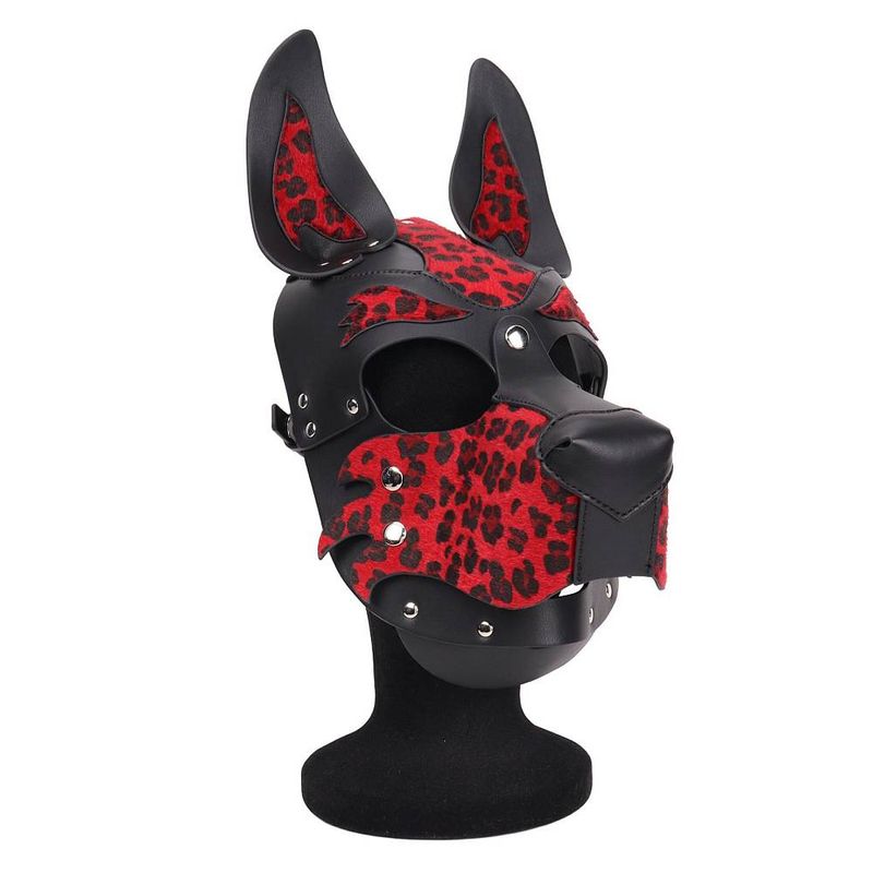 Dog mask hood in red and black leopard print design, featuring adjustable straps and playful dog ears.