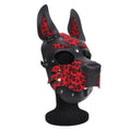 Dog mask hood in red and black leopard print design, featuring adjustable straps and playful dog ears.