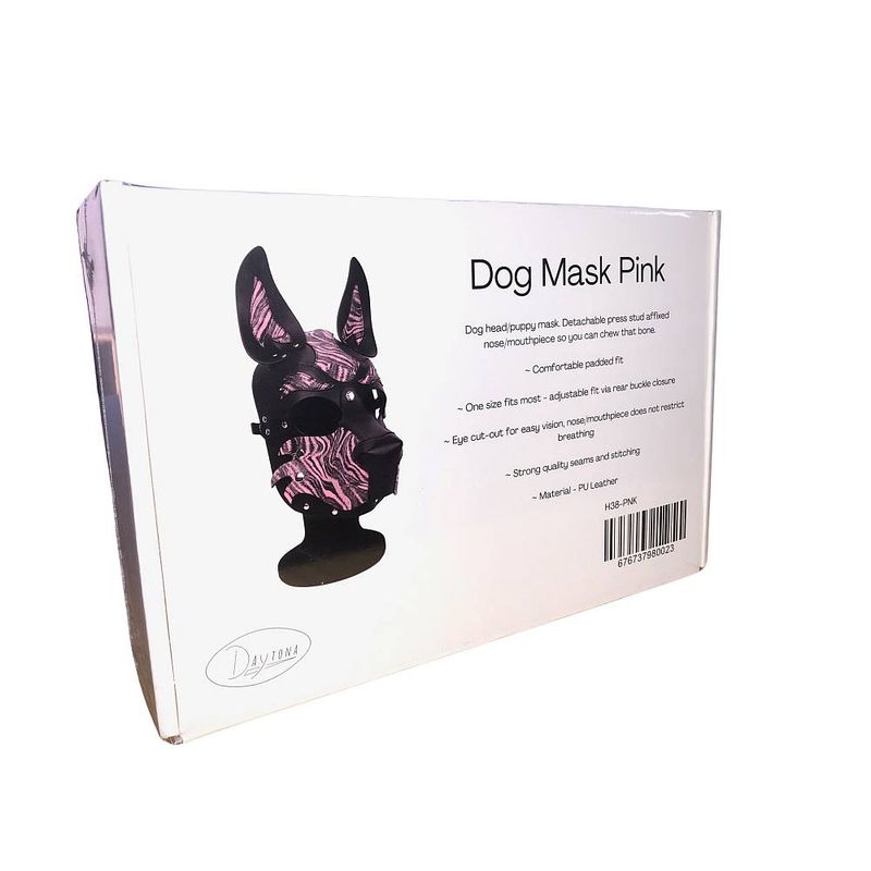 Dog mask hood in pink packaging, showing adjustable features and eye cut-out for comfort.