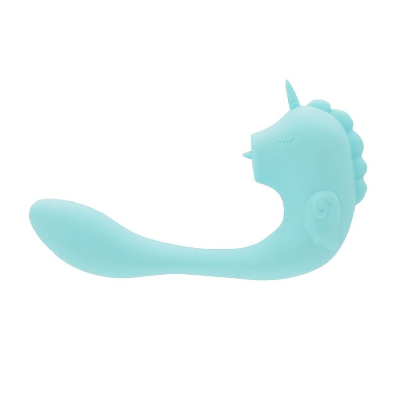 C Horse massager with clitoral stimulator in soft blue silicone, featuring an insertable probe and unique design.