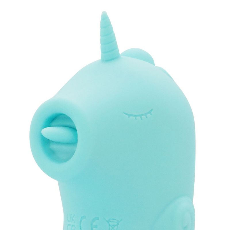 C Horse massager with clitoral stimulator in a soft blue silicone design.