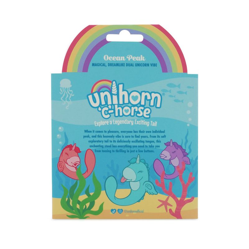 Unihorn Massager C Horse Ocean Peak packaging featuring colorful aquatic design and description of features.