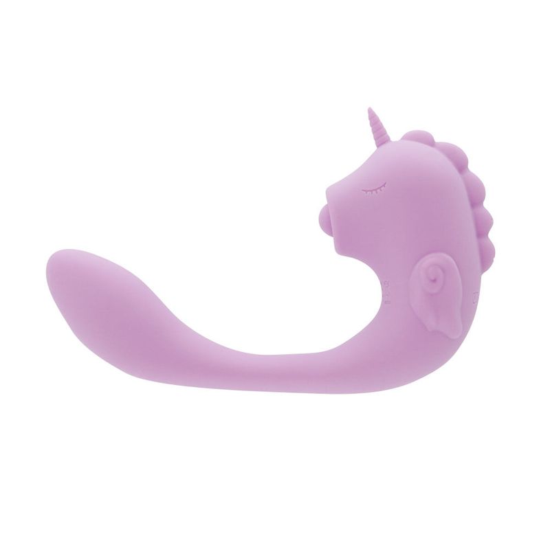 Unihorn massager with clitoral stimulator in soft lilac silicone, featuring a posable probe and dual motors.