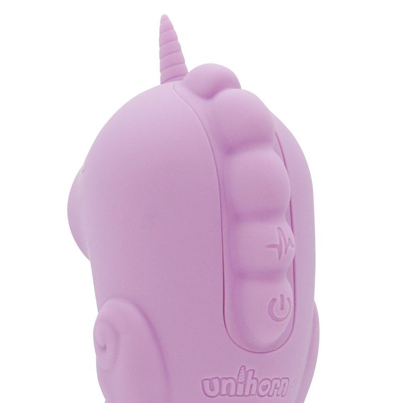 Unihorn massager with clitoral stimulator in soft lilac silicone, showing controls and unique design features.