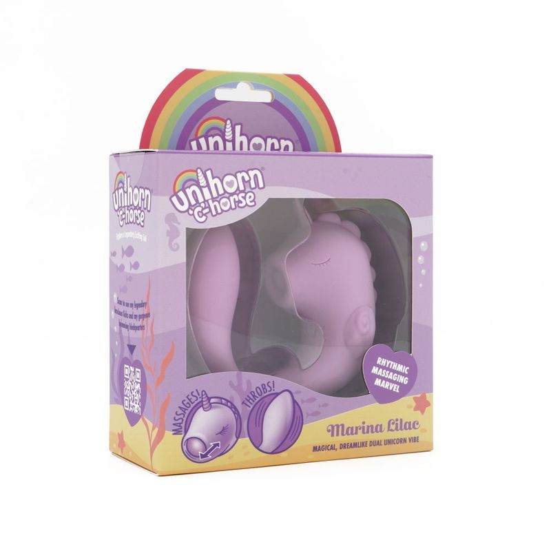 Unihorn Massager C Horse Marina Lilac packaging showcasing its rhythmic massaging feature and vibrant design.