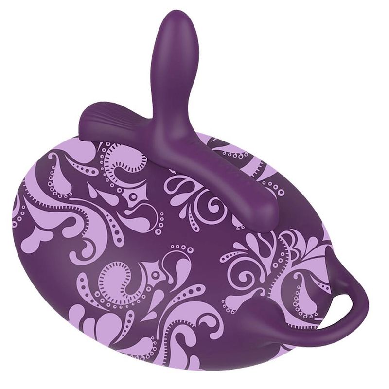 Bouncy Bliss Classic Inflatable Sit-On Vibrator in purple with floral design, offering hands-free stimulation.