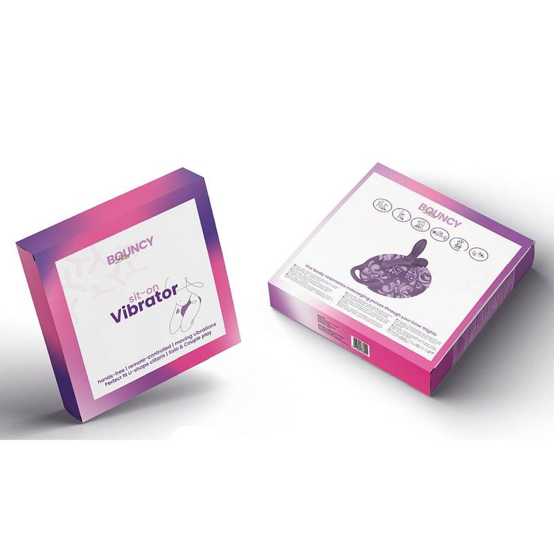 Bouncy Bliss Classic Inflatable Sit-On Vibrator packaging displaying its features and stylish design.