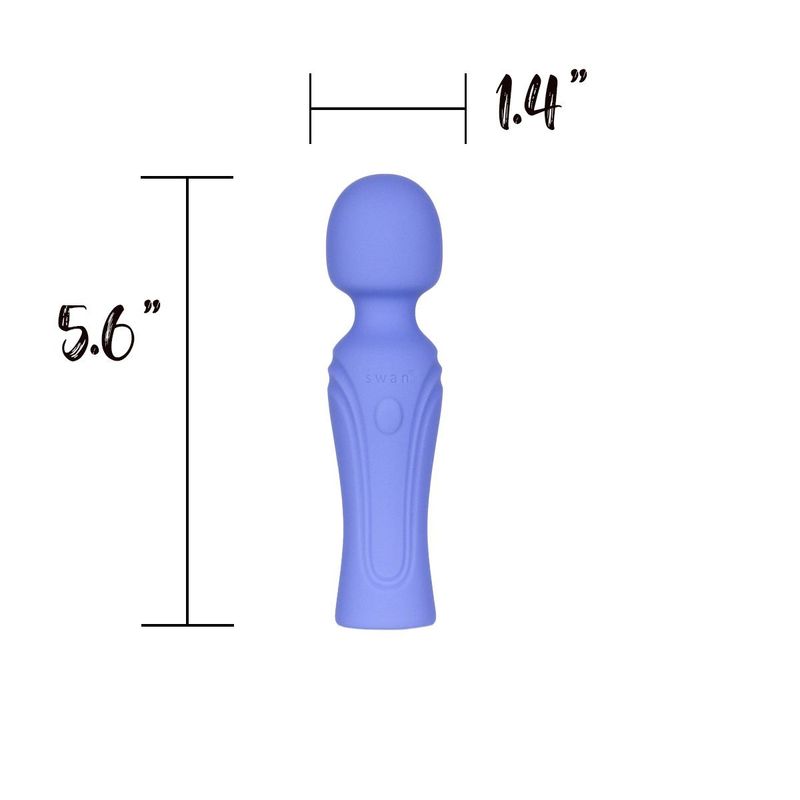 Swan Era massage wand in blue color with dimensions: 5.6 inches tall and 1.4 inches wide.