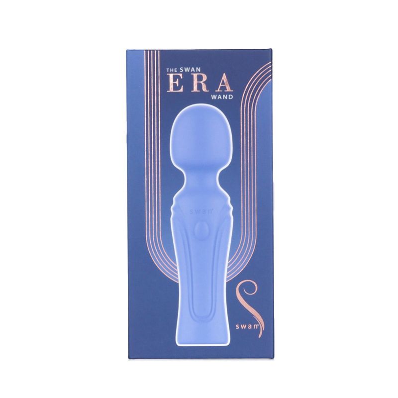Swan Era massage wand in blue packaging, showcasing its elegant design and branding.