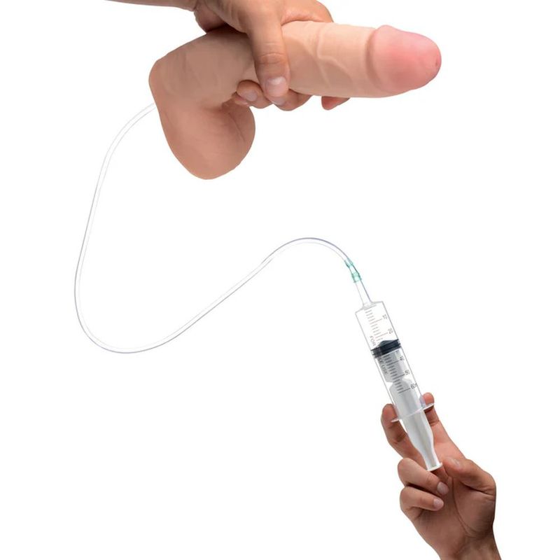Squirting dildo 9in with syringe, featuring a lifelike design and dual-density material for enhanced pleasure.