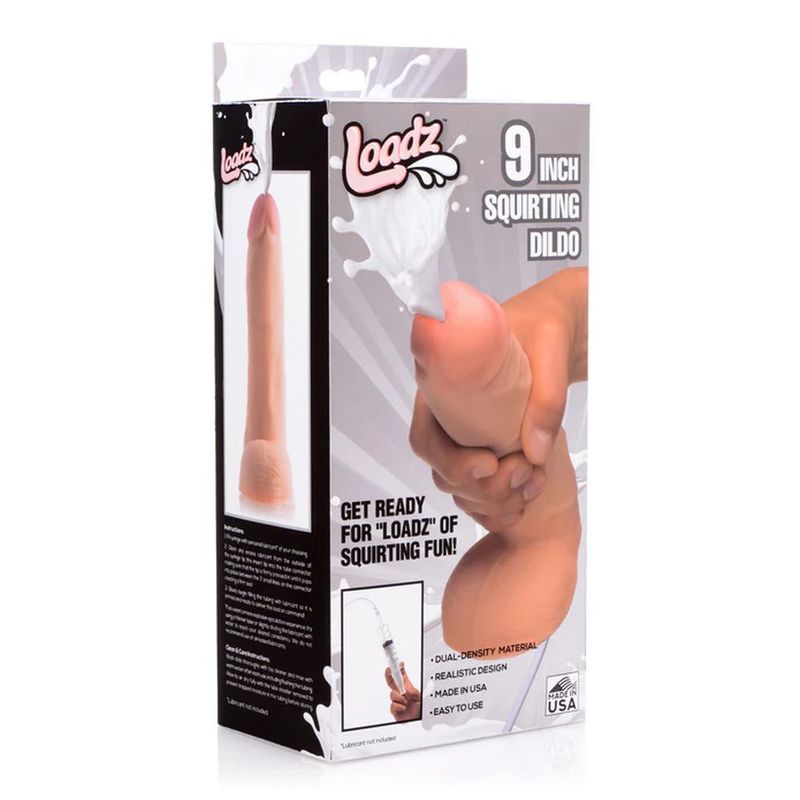 Squirting Dildo 9in with Syringe packaging showcasing its realistic design and dual-density material for intimate play.