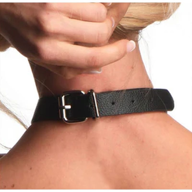 Female Body Harness Black L/XL close-up of buckle and collar detail on the back of a neck