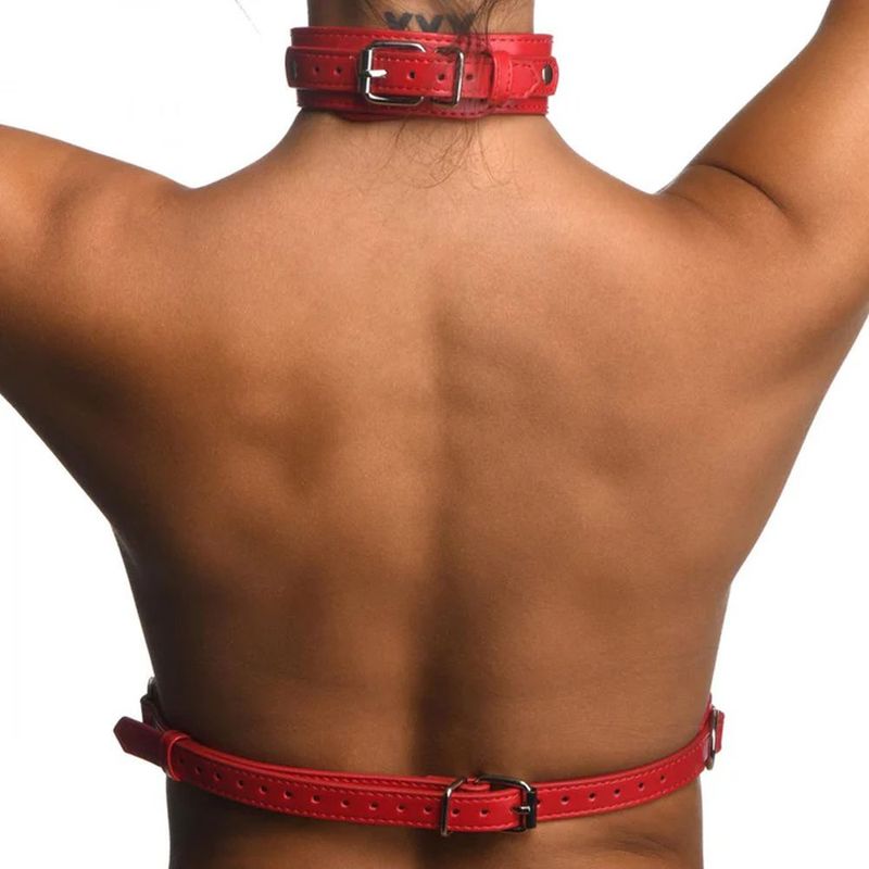Red Female Chest Harness S/M showcasing a back view with a collar design and adjustable straps, perfect for intimate essentials for her.