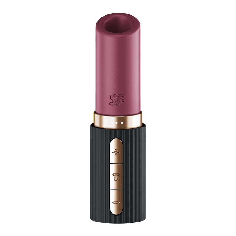 Satisfyer Deep Kiss discreet clitoral massager in a travel size design, resembling lipstick with USB recharge option.