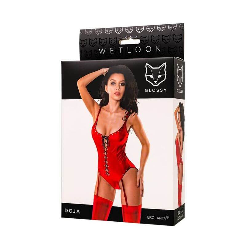 Glossy Bessie Dress Red box packaging featuring a model wearing a sexy red lace-up mini dress.
