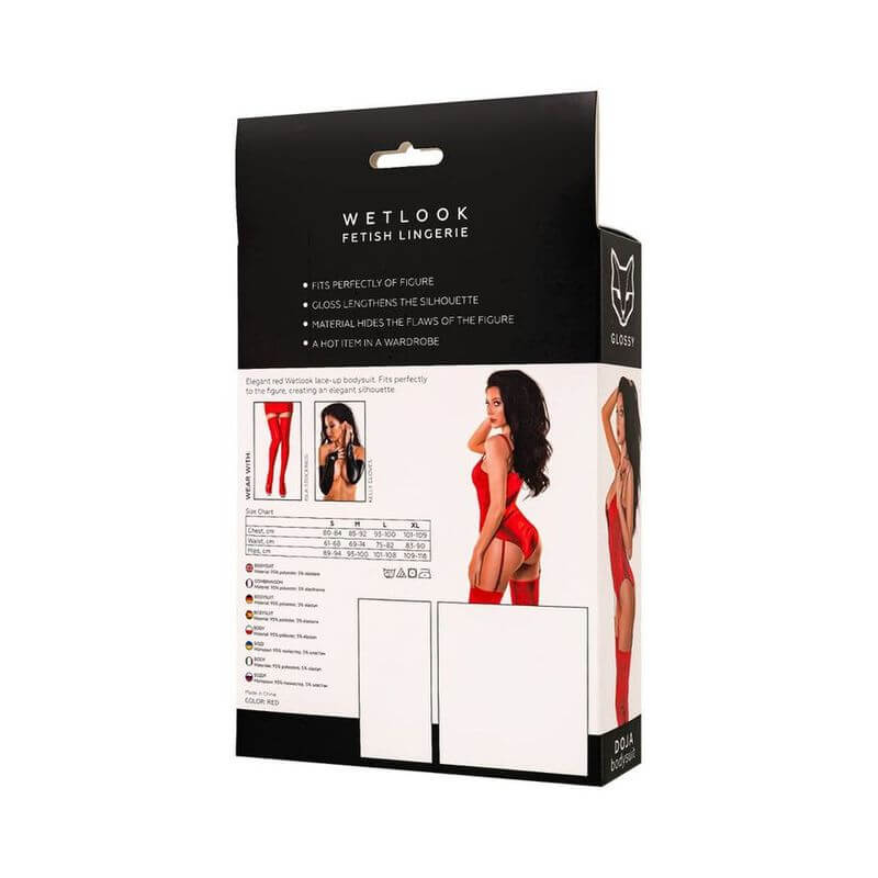 Glossy Bessie Dress Red packaging showcasing wetlook fetish lingerie for a sexy wardrobe essential.