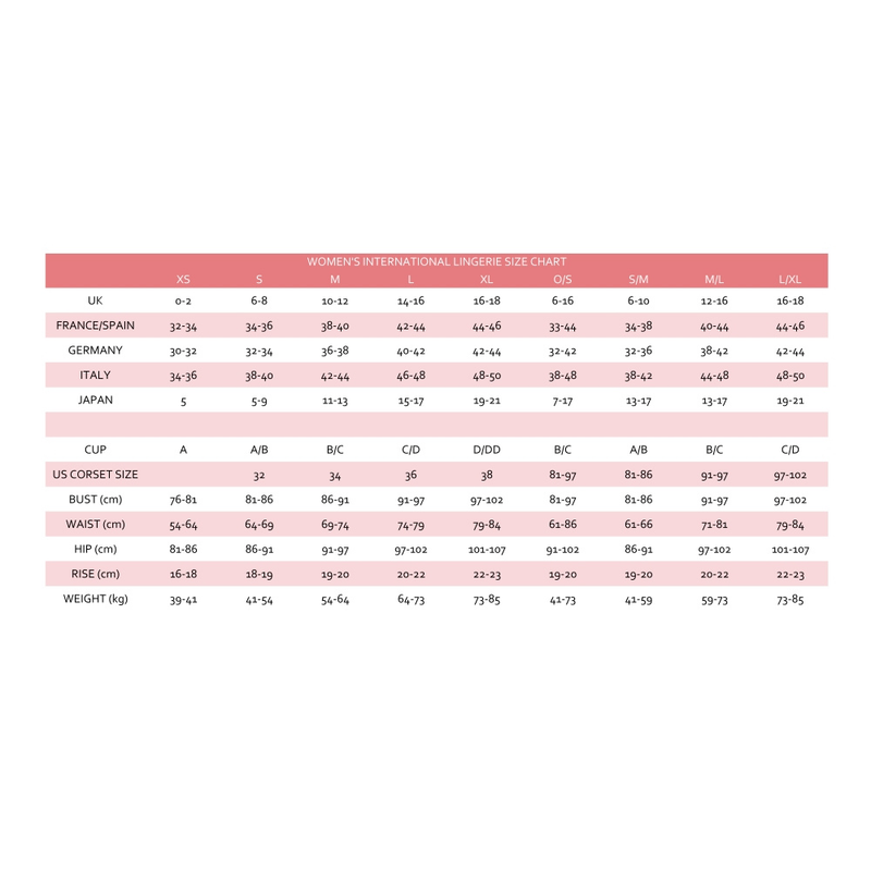 Women's international lingerie size chart including UK, France, Germany, Italy, Japan, and cup sizes.