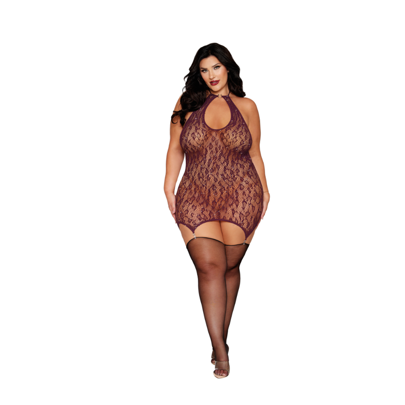 Model wearing a Dreamgirl Garter Slip Burgundy with leopard pattern, featuring rhinestone detailing for a glamorous look.