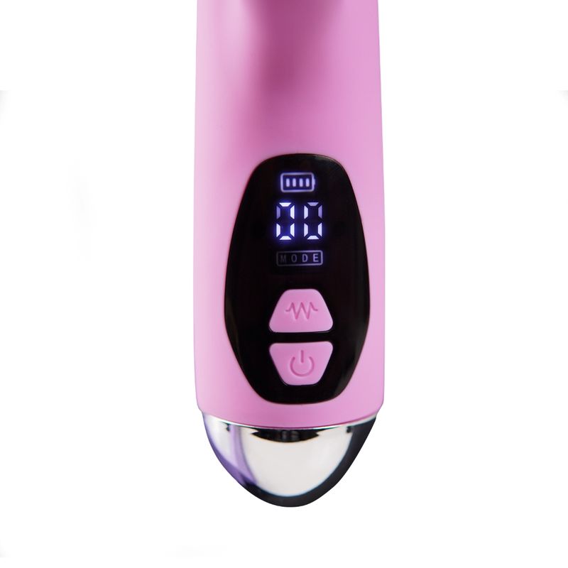 Close-up of the control panel on the Osma Majestic Pro USB 10 mode pearl rabbit vibrator in pink.