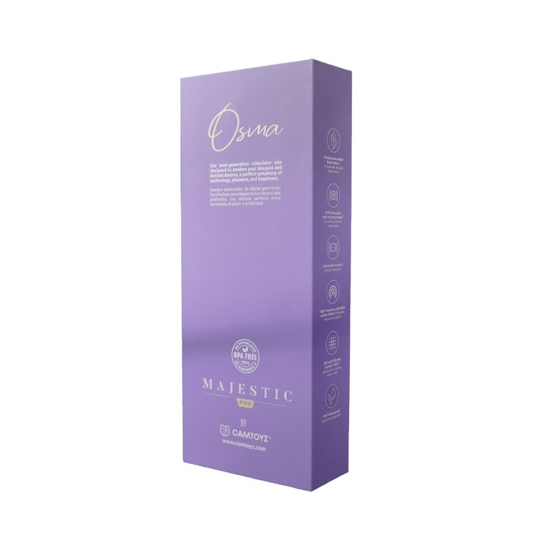 Osma Majestic Pro USB 10 mode pearl rabbit vibrator packaging showcasing product features and branding.