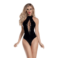 Starline Pandora black wet look bodysuit with halter neckline and crisscross straps for a seductive look.