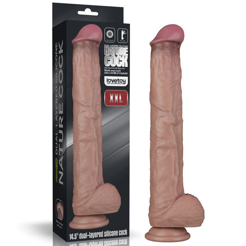14.5in dual layered silicone cock in packaging showcasing lifelike design and texture for satisfaction