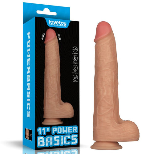 11in Vibrating USB Power Basics Cock next to its packaging showcasing lifelike design and powerful features.