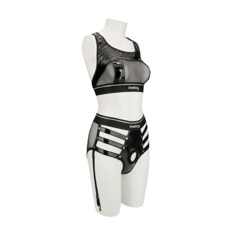 Rebellion Reign Iconic Harness Strap on Set XS/S featuring sexy top and matching panties with garters.