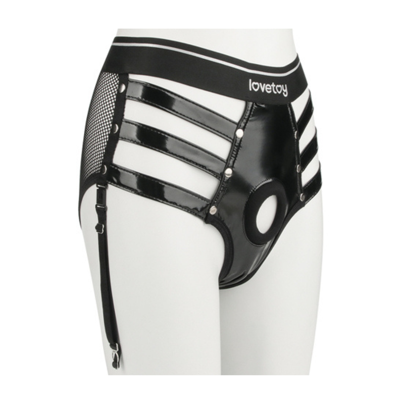 Rebellion Reign Iconic Harness Strap on Set XS/S showcasing stylish black harness with mesh paneling and adjustable straps.