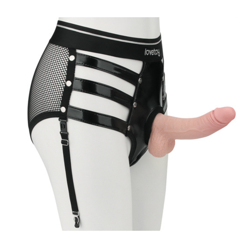 Rebellion Reign Iconic Harness Strap on Set M/L featuring a black harness with mesh paneling and detachable straps.