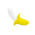 Silicone slimline vibrator massager in banana shape with smooth yellow design and white tip, showcasing unique design.
