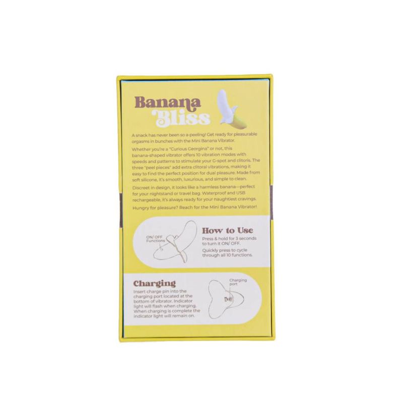 Banana Bliss packaging featuring silicone slimline vibrator massager usage instructions and charging details.