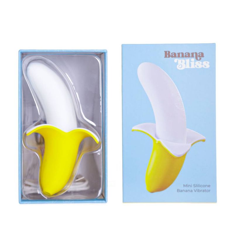 Banana Bliss 13cm Silicone Slimline Vibrator Massager in packaging with banana design and mini silicone vibrator.