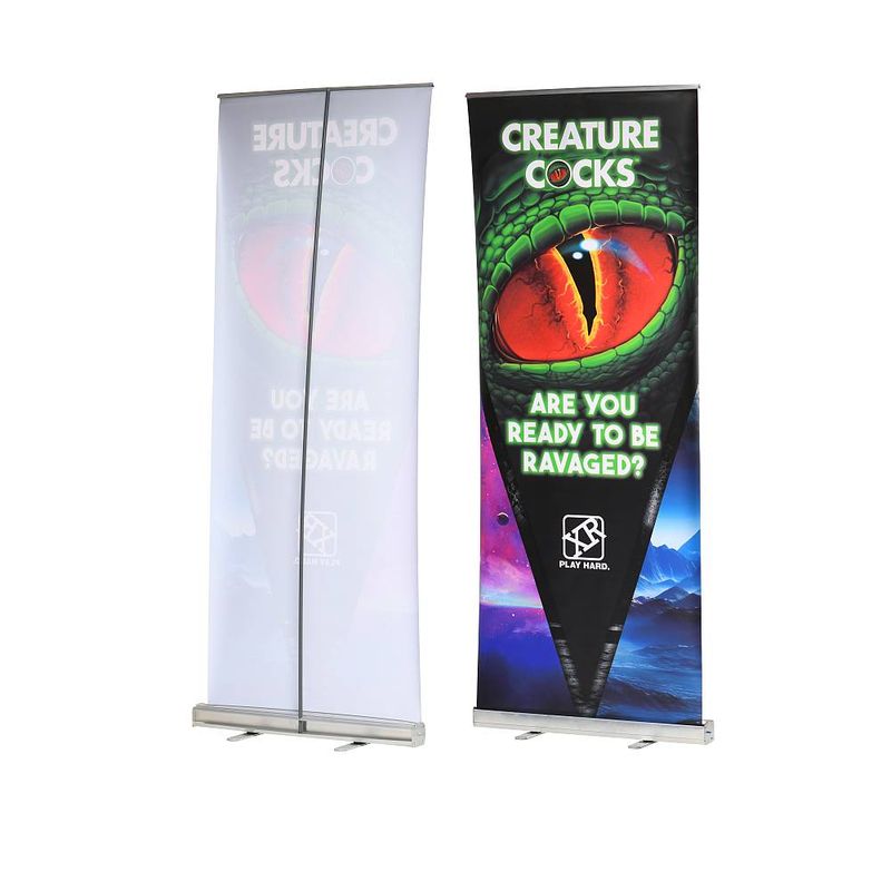 Creature Cocks Pull Up Banner showcasing vibrant graphics and messaging for adult novelty promotions.