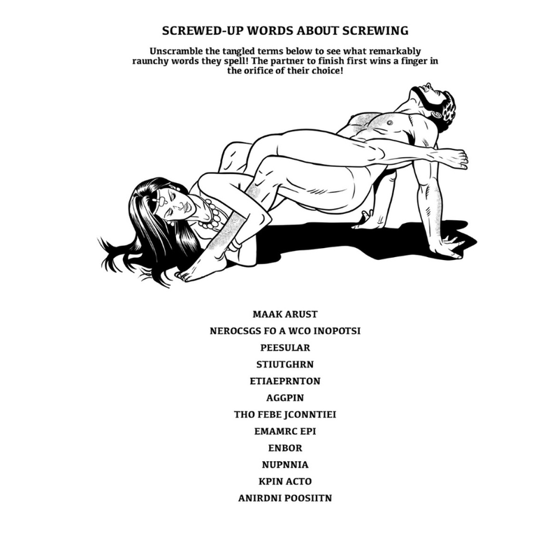 Screwed-up words about screwing puzzle with nudity and playful adult theme for the Kama Sutra Colouring Book.