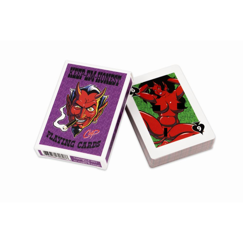 Keep em Honest nude playing cards featuring unique artwork and custom designs in a colorful tuck box.