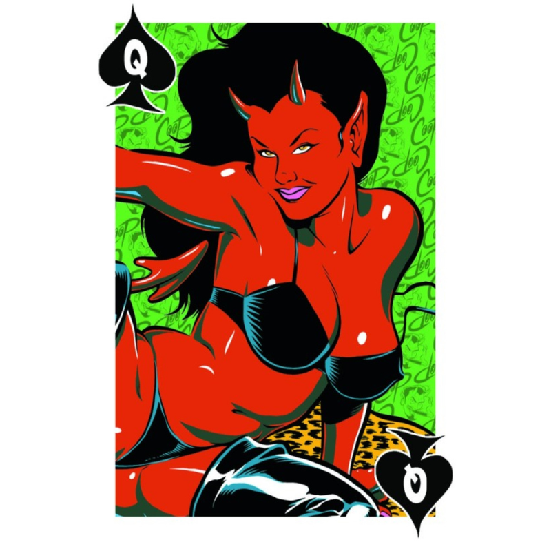 Nude playing cards featuring a devil-themed queen of spades illustration by artist Coop with vibrant colors.