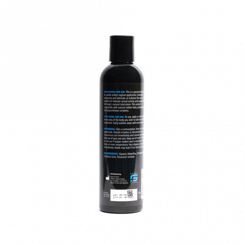 Sport Fucker Water Based Lubricant 8oz 236ml bottle back label with ingredients and usage instructions.