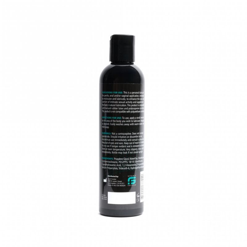 Sport Fucker hybrid lubricant 8oz bottle with ingredient details and usage instructions on the back.