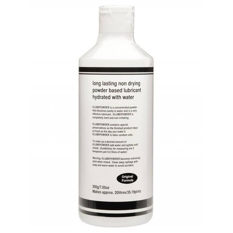 K Lube Powder 200gm (20 Litres) bottle with information on hydration and usage for super slippery water-based lube.