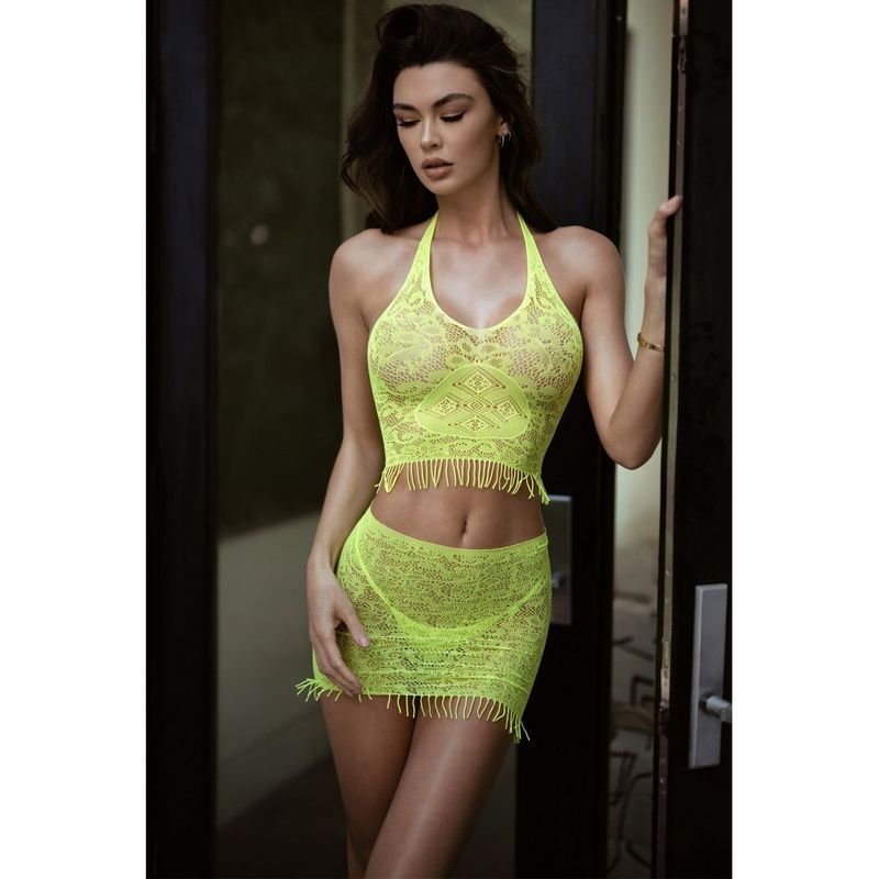 Affordable quality Eyelash Lace 3 Pc Crop, Skirt and Thong Neon Yellow  from Killer Legs by Discreet Intimate Essentials with Discreet Delivery 
