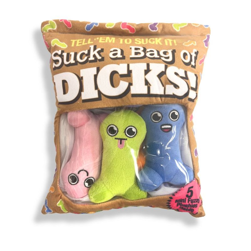 Plushy Pillows Suck A Bag Of Dicks – a fun pillow featuring 5 colorful mini plushies for a cheeky gift or personal humor.