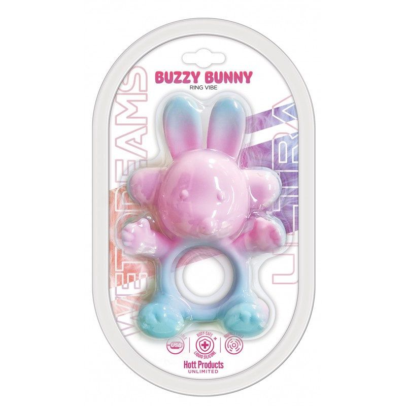 Buzzy Bunny USB rechargeable cock ring featuring playful design, body-safe silicone, and vibrant colors.