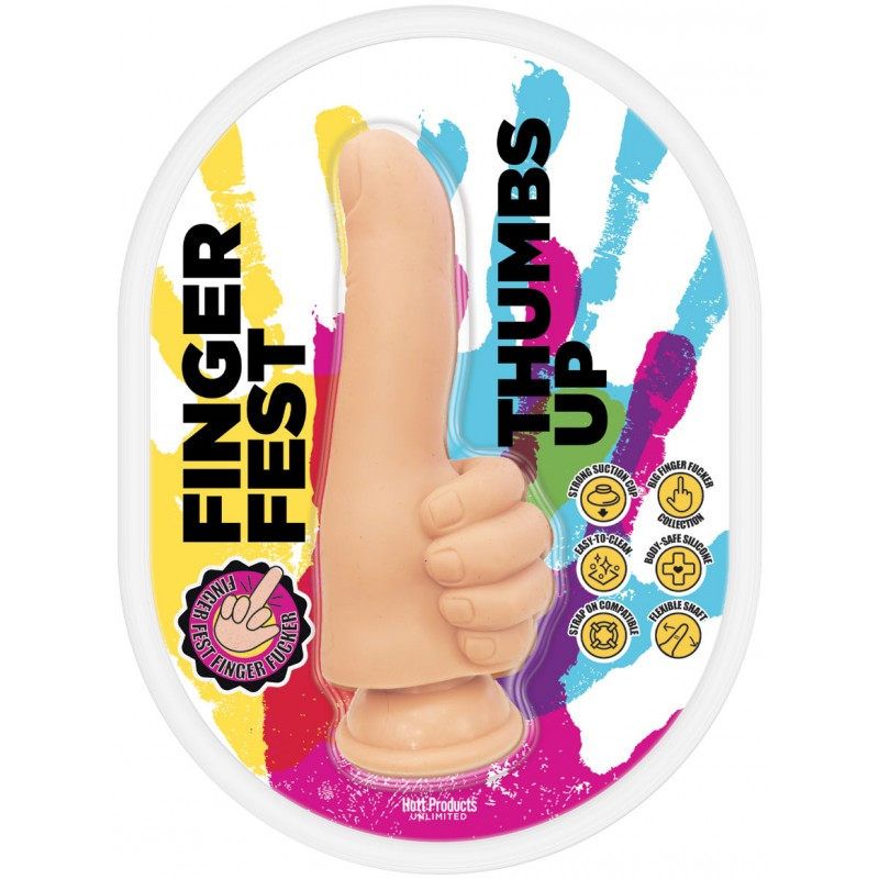 Finger Fest Dildo Thumbs Up Flesh, a finger shaped dildo with suction cup base and flexible shaft.