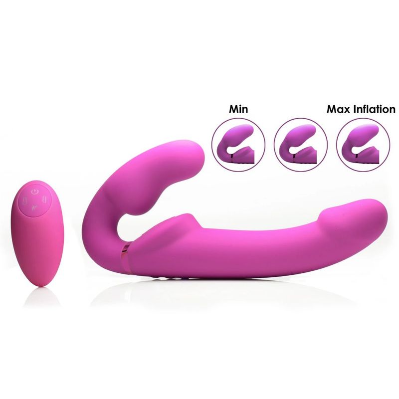 Remote control inflatable strapless strap-on in pink with an external remote, showcasing min and max inflation levels.