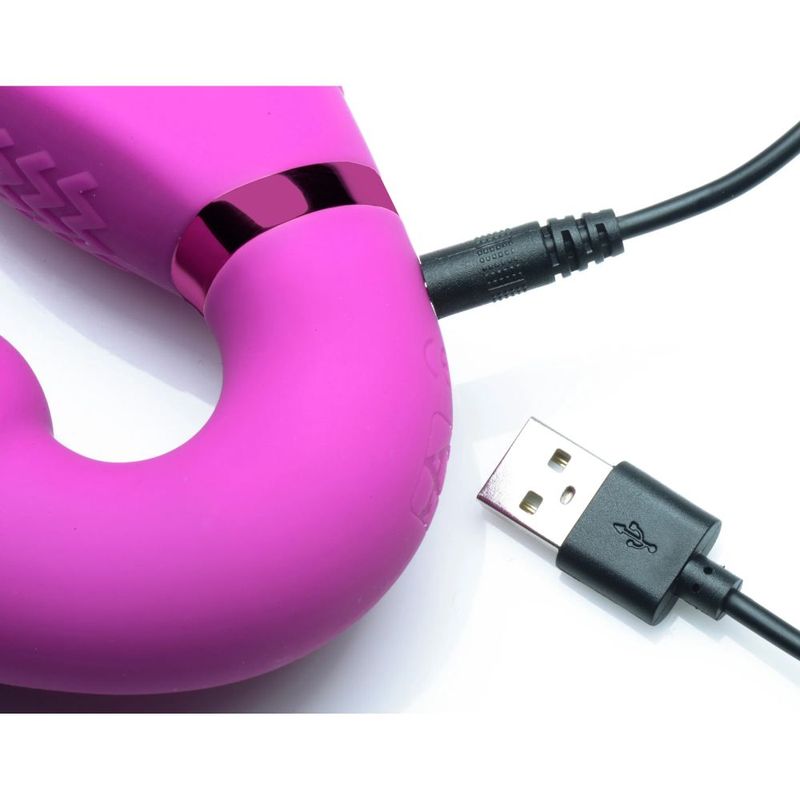 Remote control inflatable strapless strap-on charging with USB cable in vibrant pink color.