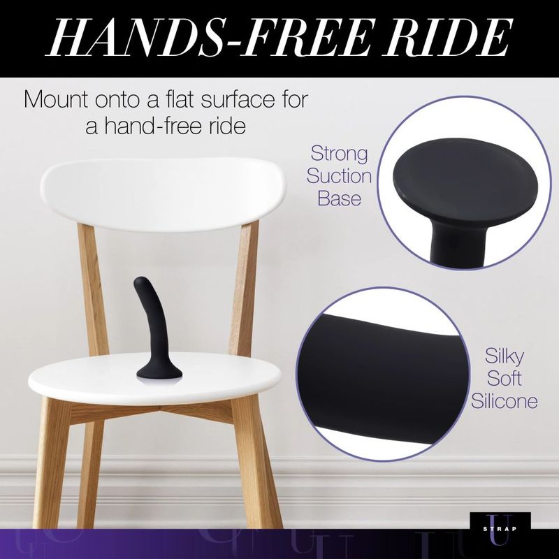 Black Silicone Strap-On Dildo Small mounted on a chair for a hands-free ride with strong suction base and silky soft silicone.