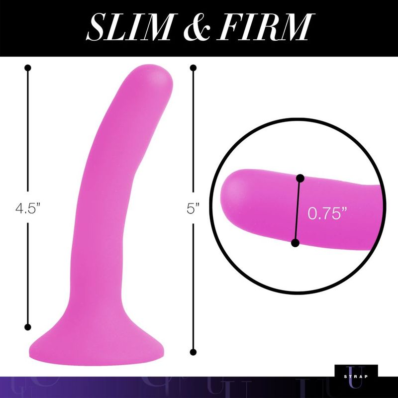 Pink silicone strap-on dildo with measurements, 4.5 inches tall and 0.75 inches wide, showing its slim and firm design.